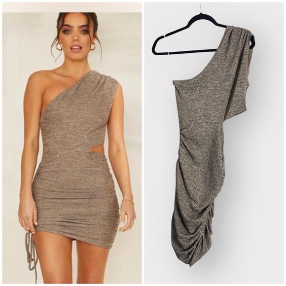 Noughts and Kisses Dresses & Skirts - NEW Noughts and Kisses bronze metallic one shoulder rouched dress with open side